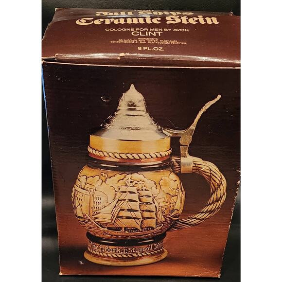 Vintage 1977 AVON Tall Ships Ceramic Stein Cologne For Men Clint in Original Box - Picture 1 of 6